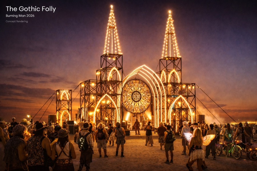 The Gothic Folly — concept rendering, golden light